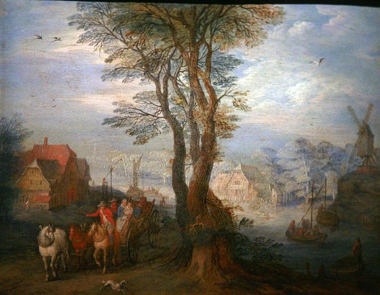 Jan Brueghel Peasants on a wagon near a river going through a village